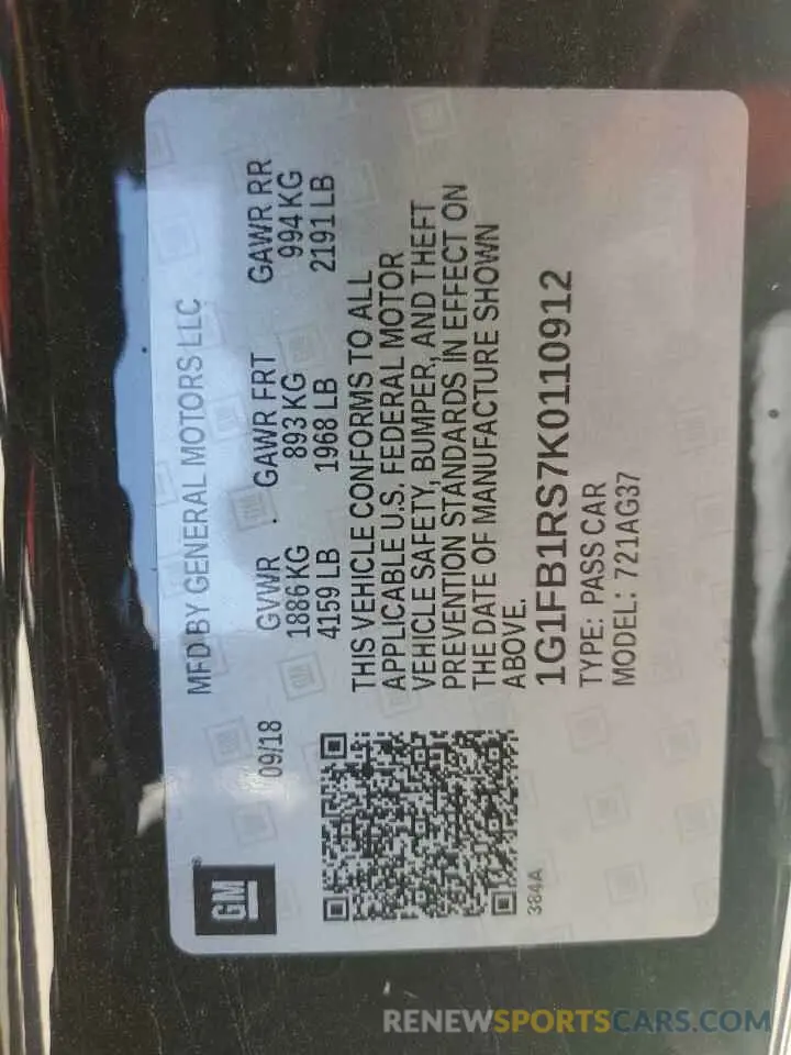 12 Photograph of a damaged car 1G1FB1RS7K0110912 CHEVROLET CAMARO 2019