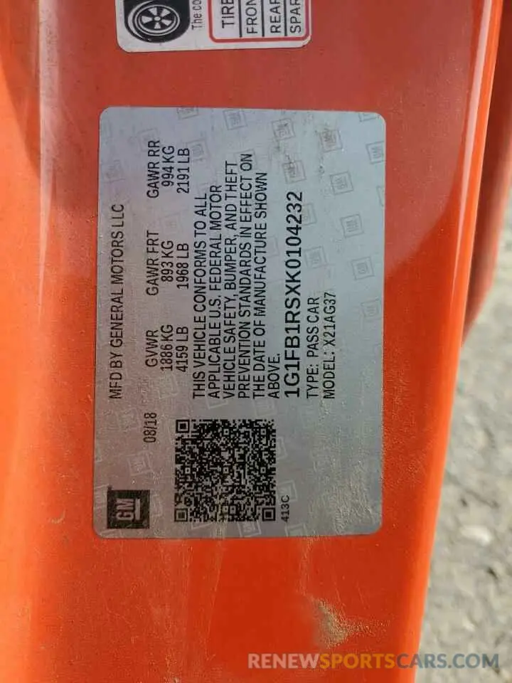 12 Photograph of a damaged car 1G1FB1RSXK0104232 CHEVROLET CAMARO 2019