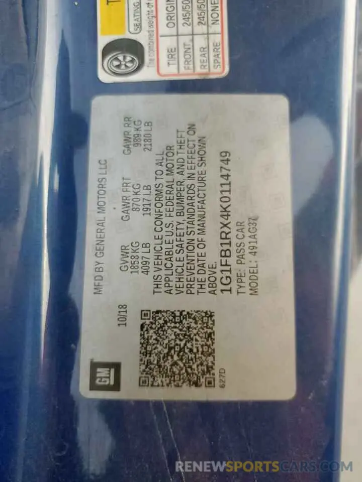 13 Photograph of a damaged car 1G1FB1RX4K0114749 CHEVROLET CAMARO 2019