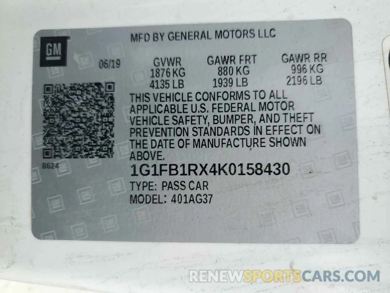 12 Photograph of a damaged car 1G1FB1RX4K0158430 CHEVROLET CAMARO 2019