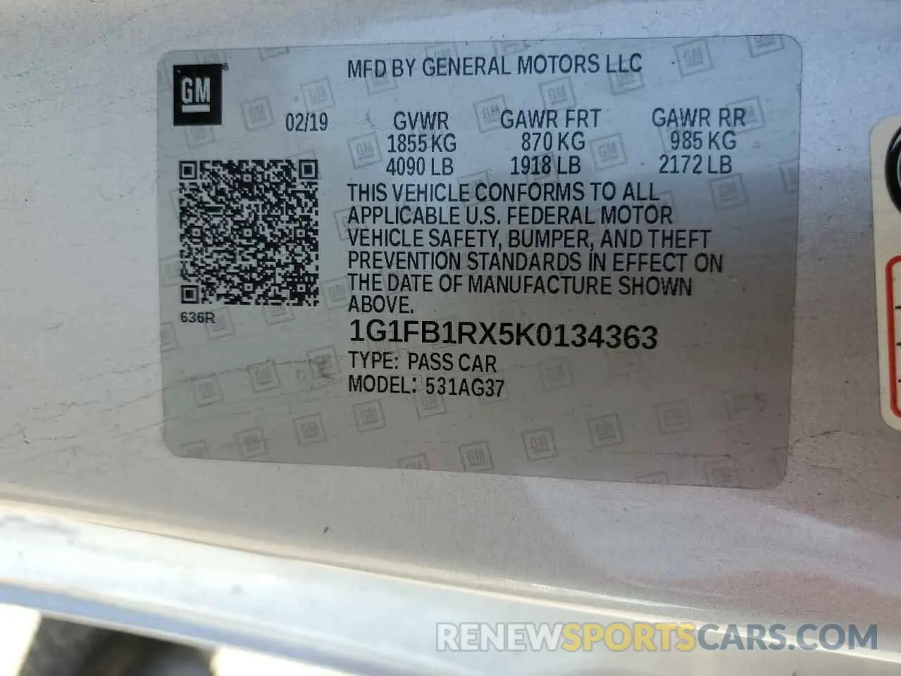 12 Photograph of a damaged car 1G1FB1RX5K0134363 CHEVROLET CAMARO 2019
