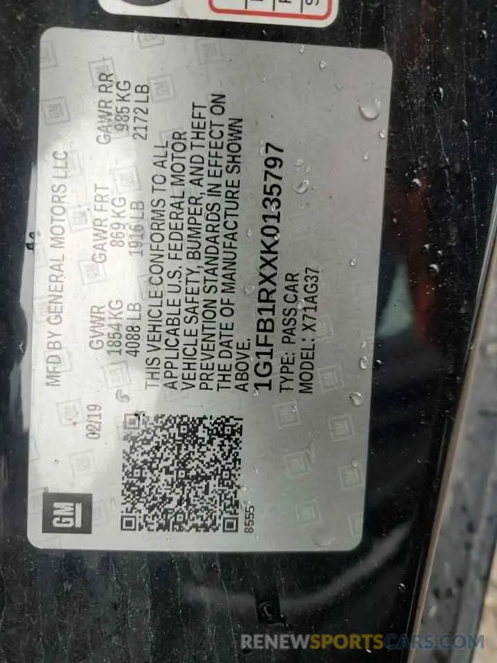 12 Photograph of a damaged car 1G1FB1RXXK0135797 CHEVROLET CAMARO 2019