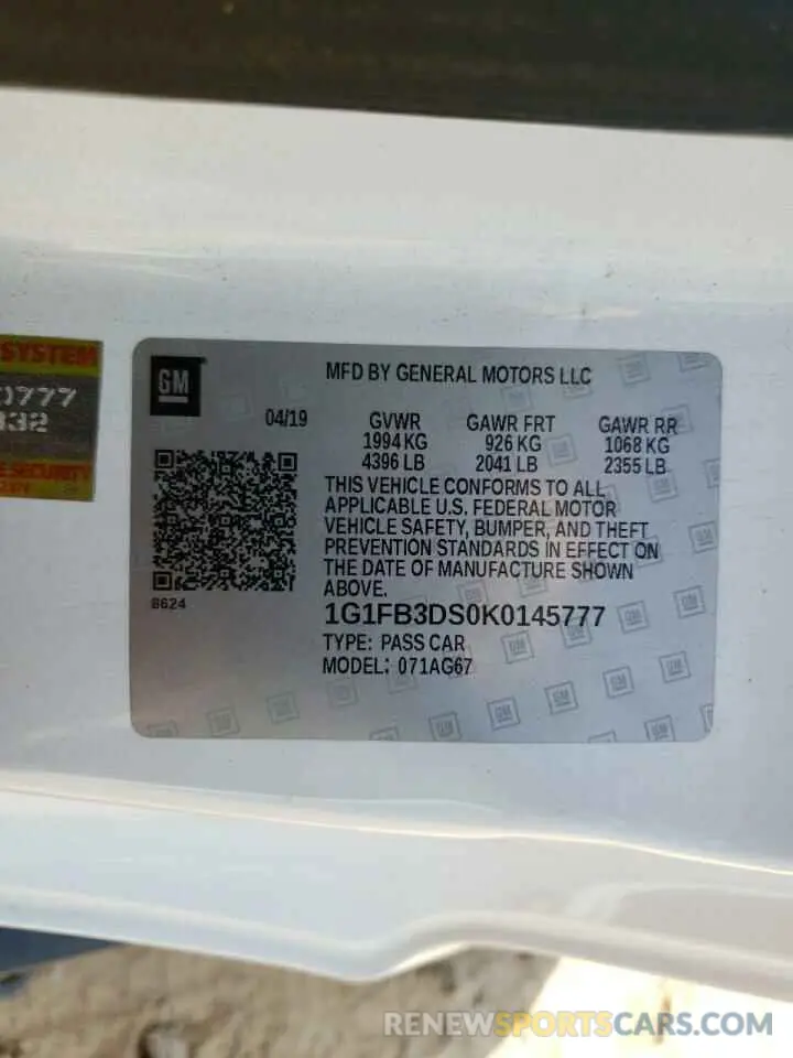 13 Photograph of a damaged car 1G1FB3DS0K0145777 CHEVROLET CAMARO 2019