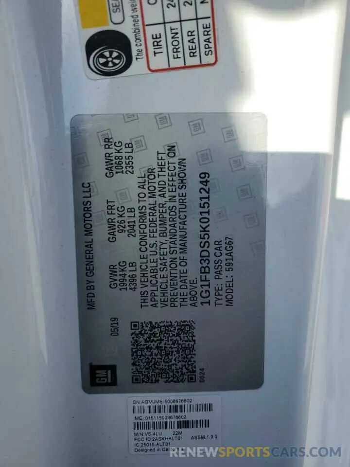 12 Photograph of a damaged car 1G1FB3DS5K0151249 CHEVROLET CAMARO 2019