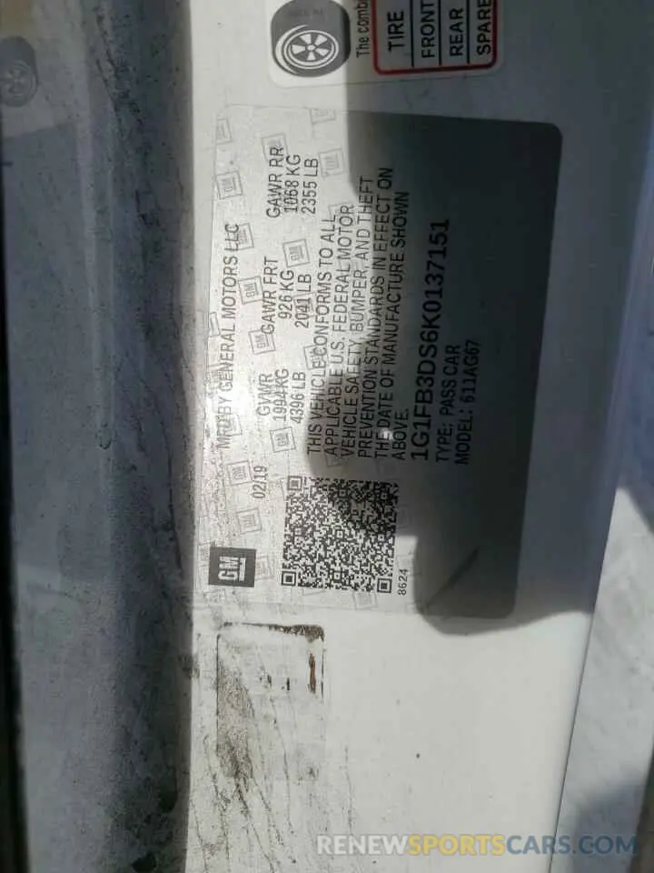 12 Photograph of a damaged car 1G1FB3DS6K0137151 CHEVROLET CAMARO 2019