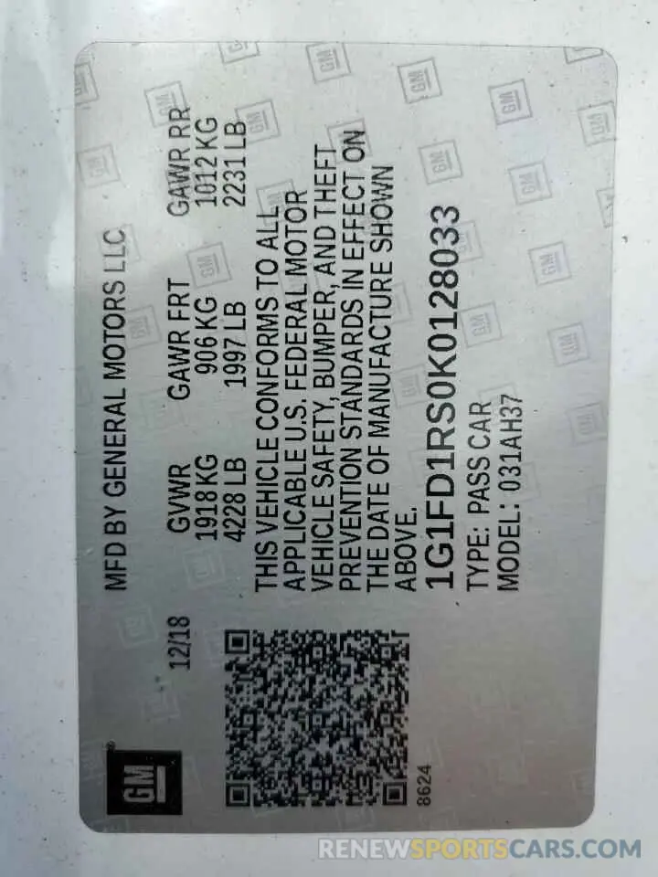 12 Photograph of a damaged car 1G1FD1RS0K0128033 CHEVROLET CAMARO 2019