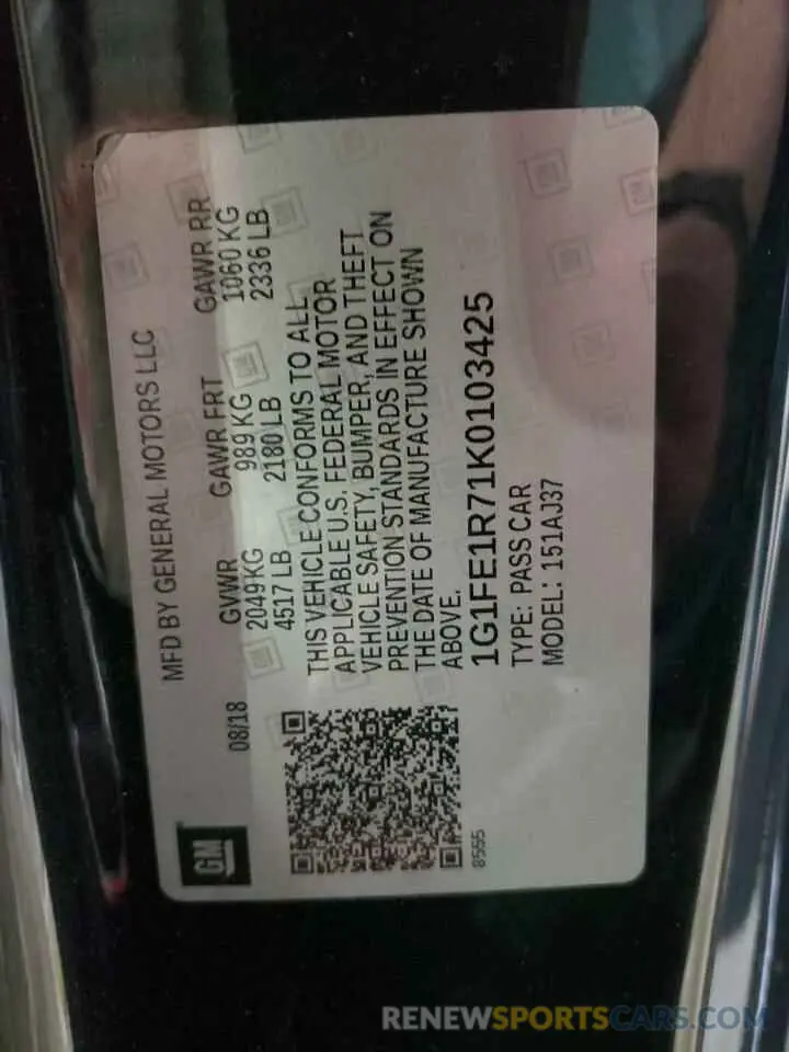 12 Photograph of a damaged car 1G1FE1R71K0103425 CHEVROLET CAMARO 2019