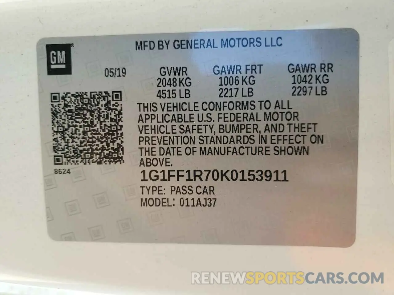 12 Photograph of a damaged car 1G1FF1R70K0153911 CHEVROLET CAMARO 2019