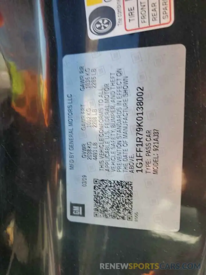 13 Photograph of a damaged car 1G1FF1R79K0138002 CHEVROLET CAMARO 2019