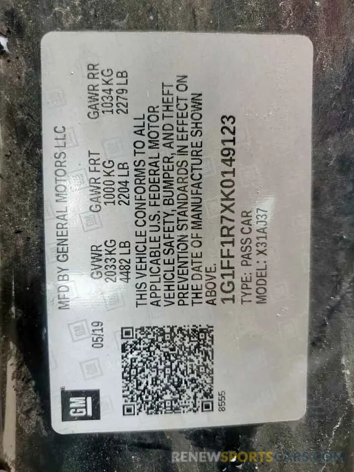 13 Photograph of a damaged car 1G1FF1R7XK0149123 CHEVROLET CAMARO 2019