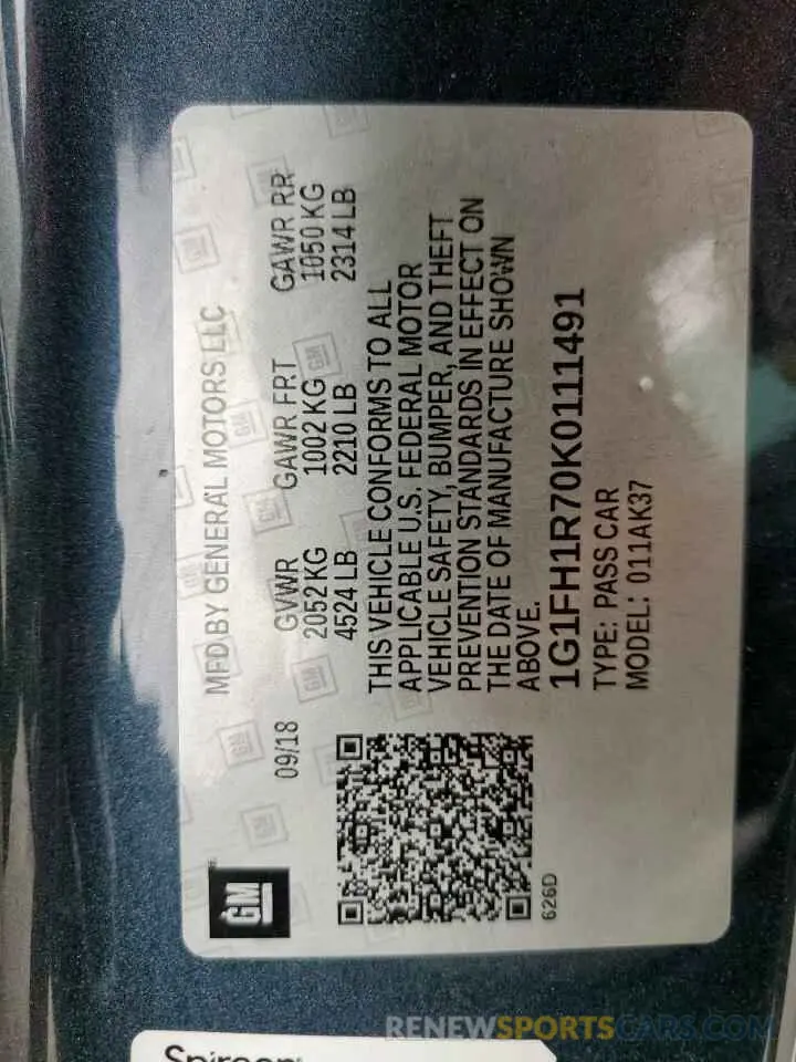 12 Photograph of a damaged car 1G1FH1R70K0111491 CHEVROLET CAMARO 2019