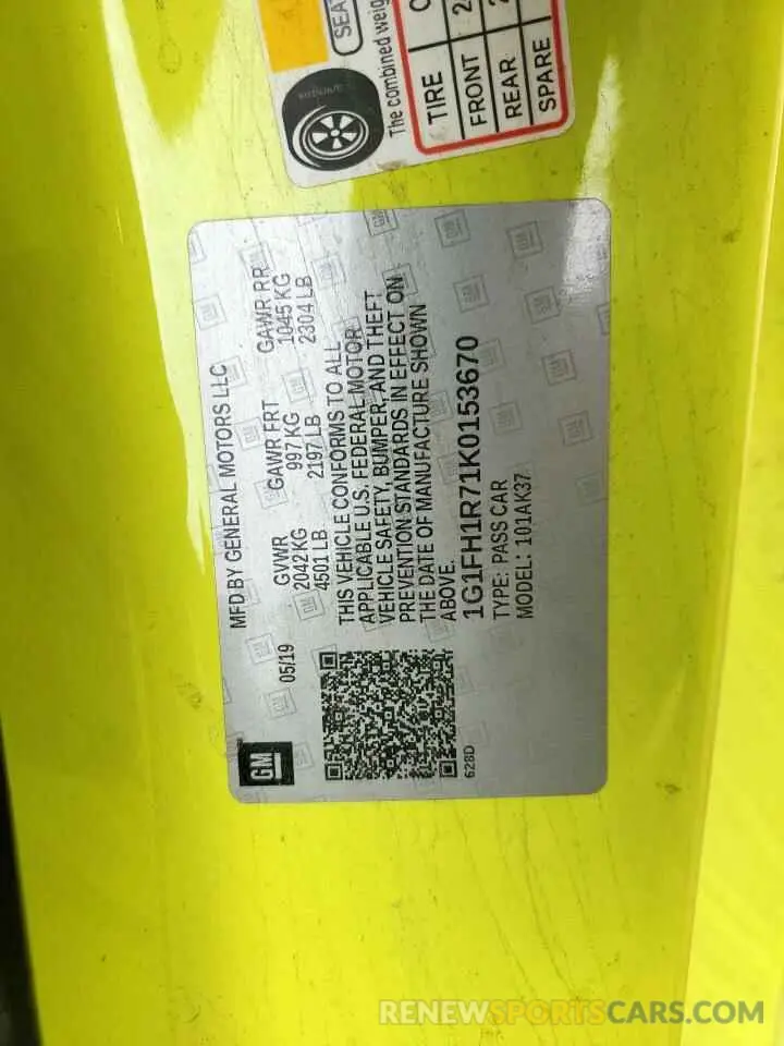 12 Photograph of a damaged car 1G1FH1R71K0153670 CHEVROLET CAMARO 2019