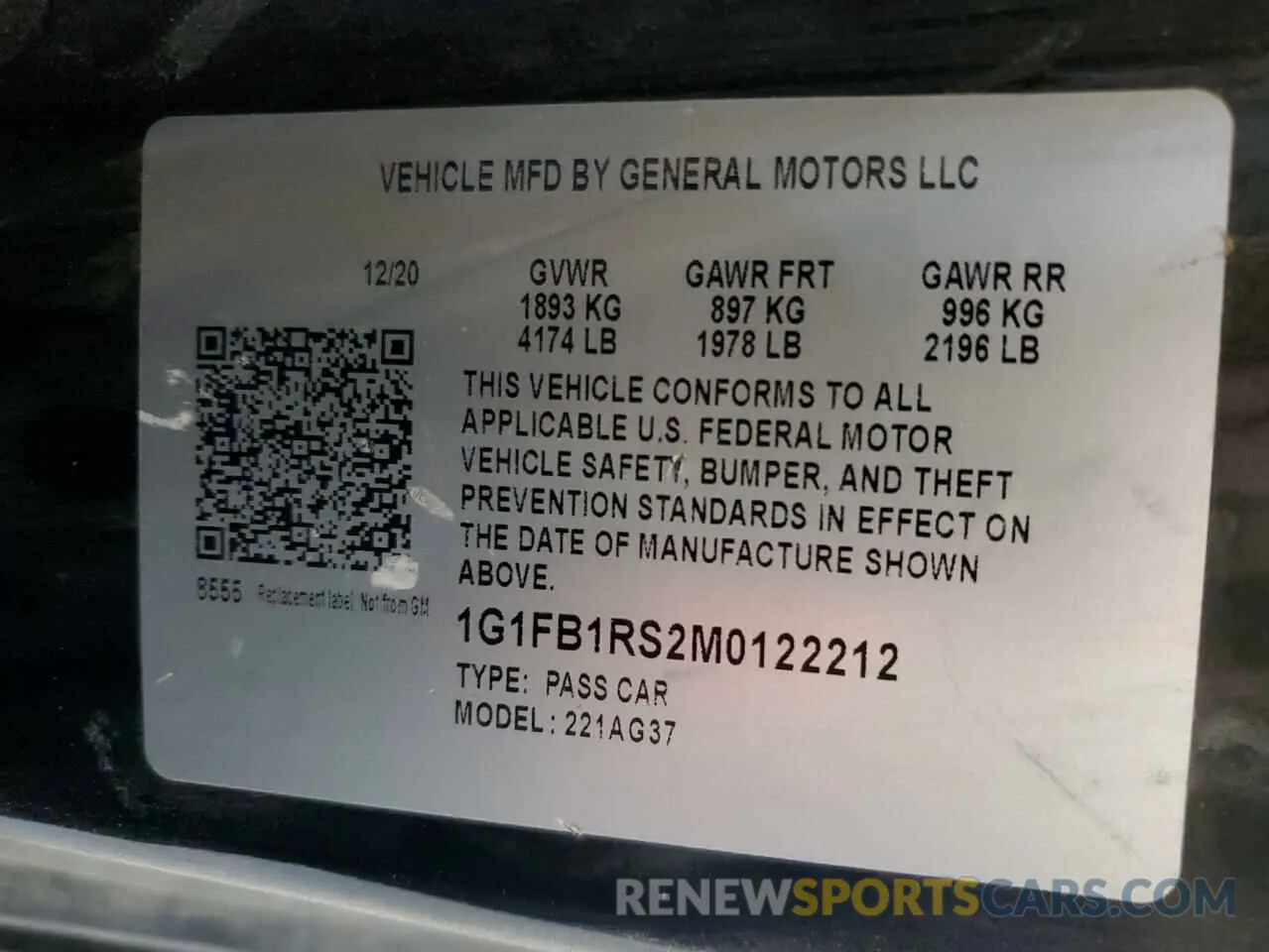 12 Photograph of a damaged car 1G1FB1RS2M0122212 CHEVROLET CAMARO 2021
