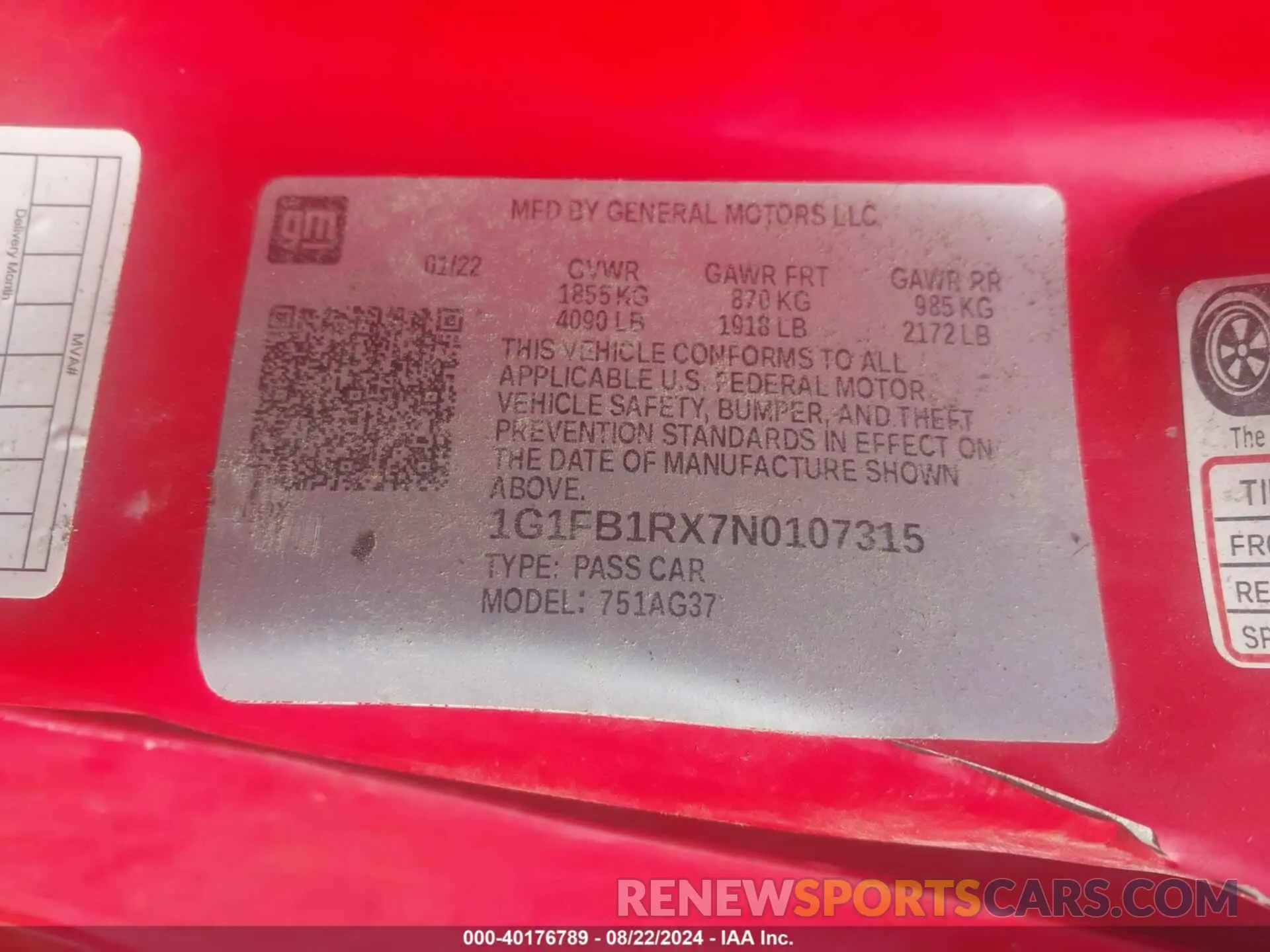 9 Photograph of a damaged car 1G1FB1RX7N0107315 CHEVROLET CAMARO 2022