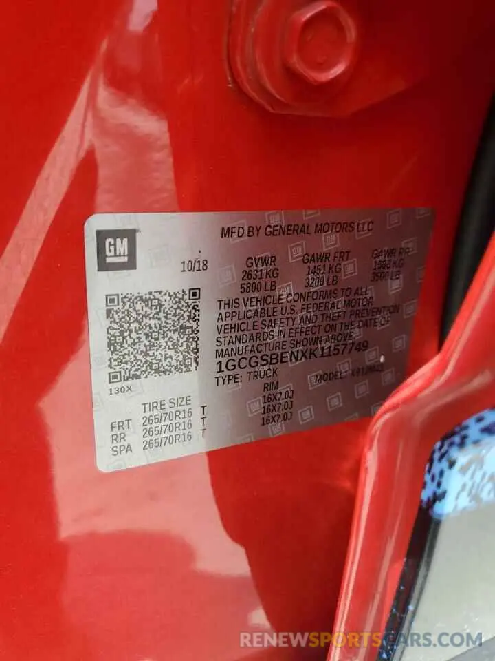12 Photograph of a damaged car 1GCGSBENXK1157749 CHEVROLET COLORADO 2019