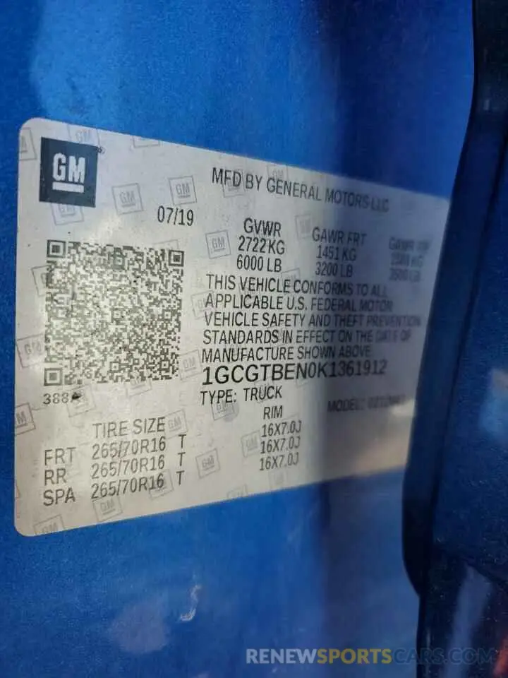 12 Photograph of a damaged car 1GCGTBEN0K1361912 CHEVROLET COLORADO 2019