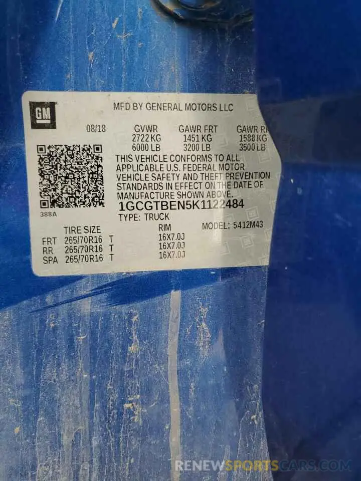 12 Photograph of a damaged car 1GCGTBEN5K1122484 CHEVROLET COLORADO 2019