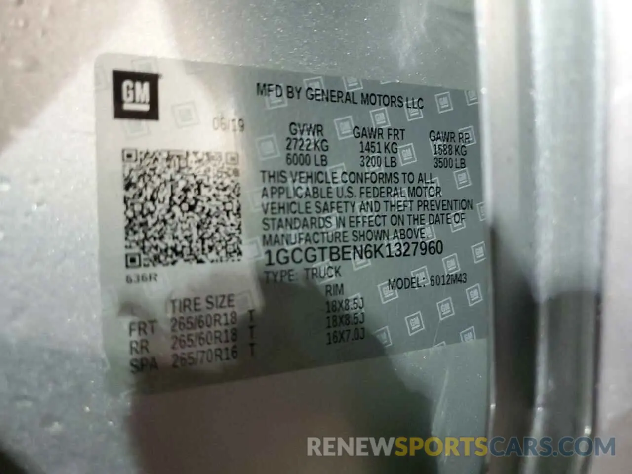 12 Photograph of a damaged car 1GCGTBEN6K1327960 CHEVROLET COLORADO 2019