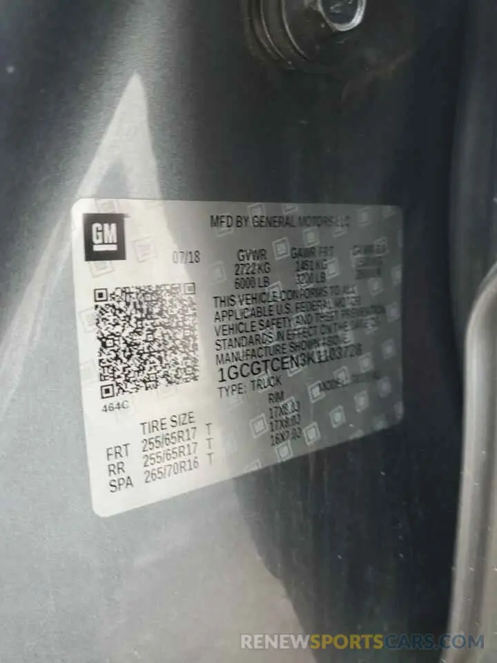12 Photograph of a damaged car 1GCGTCEN3K1103728 CHEVROLET COLORADO 2019