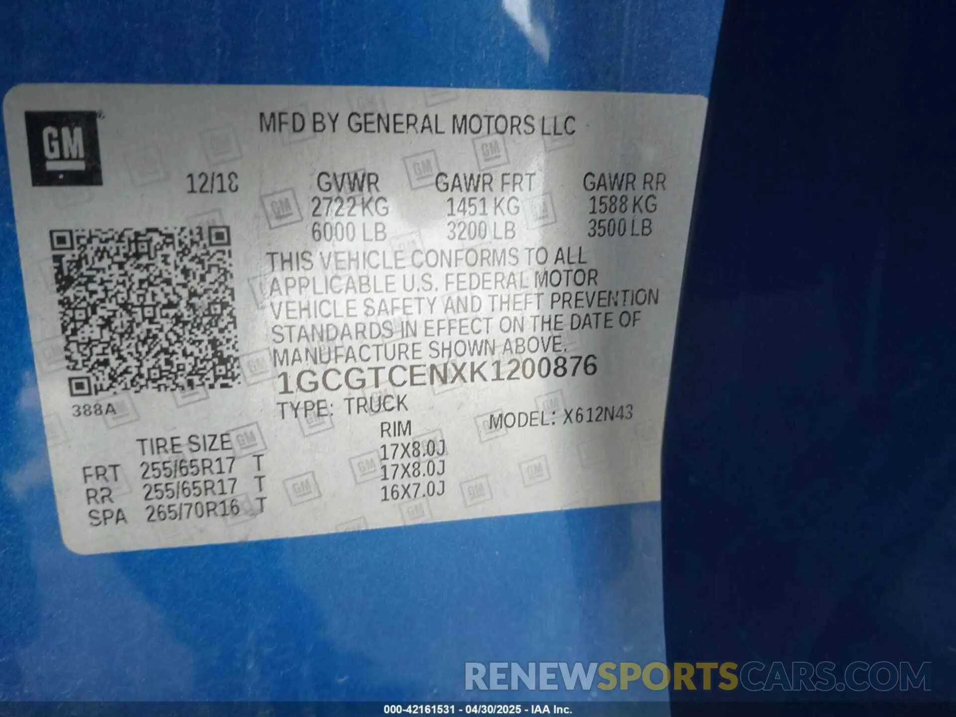 9 Photograph of a damaged car 1GCGTCENXK1200876 CHEVROLET COLORADO 2019