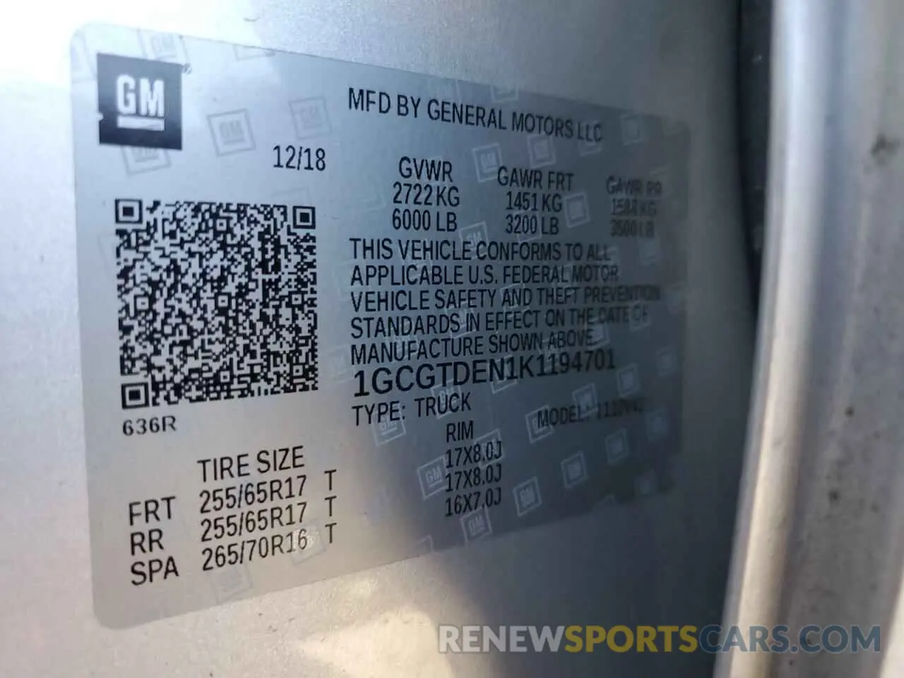 12 Photograph of a damaged car 1GCGTDEN1K1194701 CHEVROLET COLORADO 2019