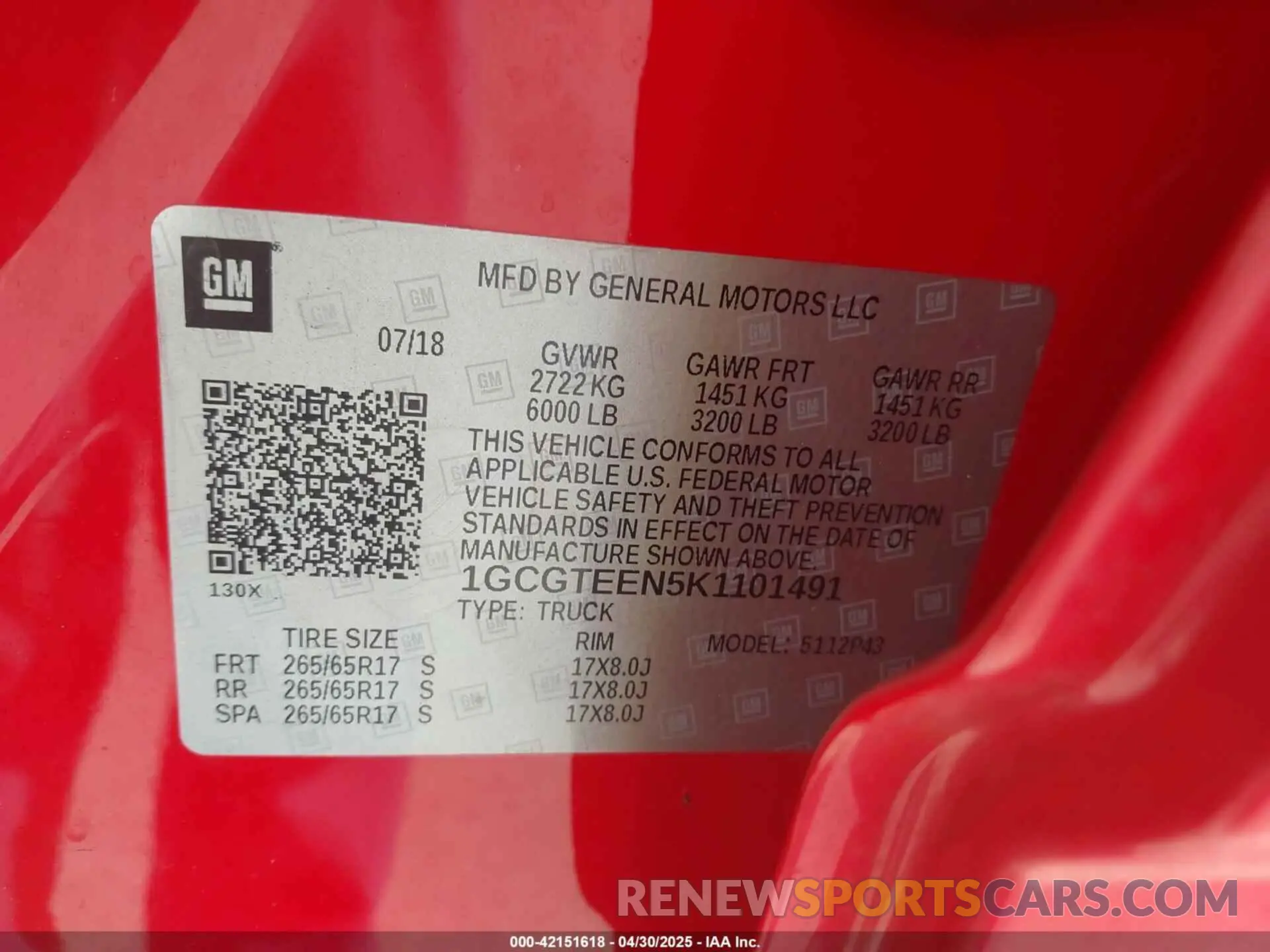9 Photograph of a damaged car 1GCGTEEN5K1101491 CHEVROLET COLORADO 2019