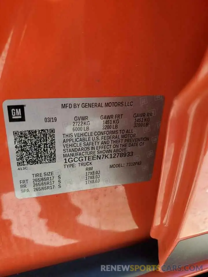 12 Photograph of a damaged car 1GCGTEEN7K1278933 CHEVROLET COLORADO 2019