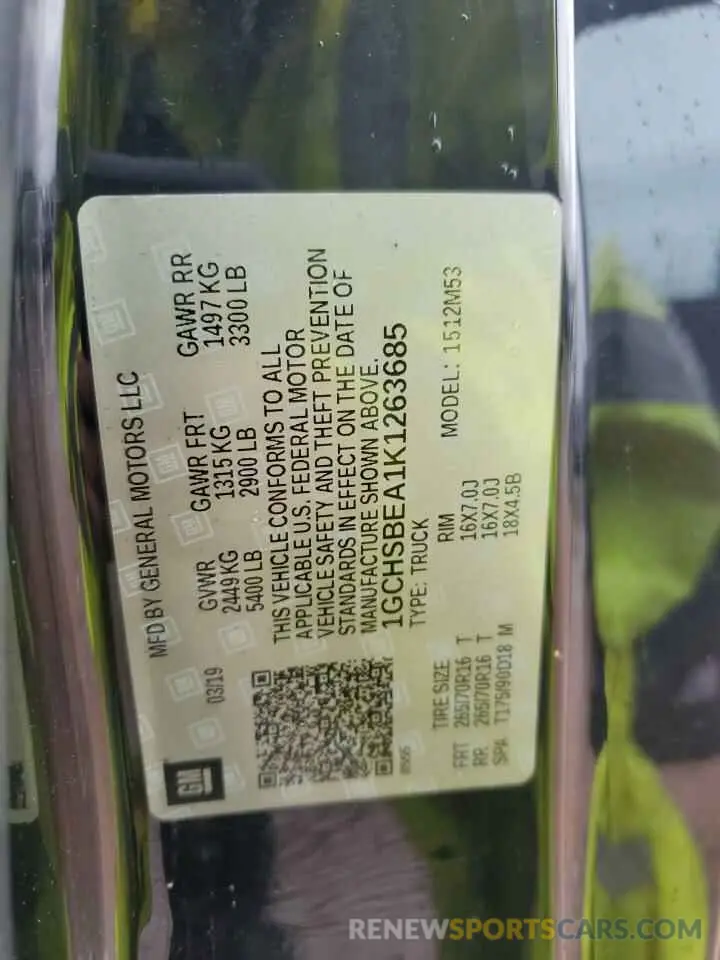 12 Photograph of a damaged car 1GCHSBEA1K1263685 CHEVROLET COLORADO 2019