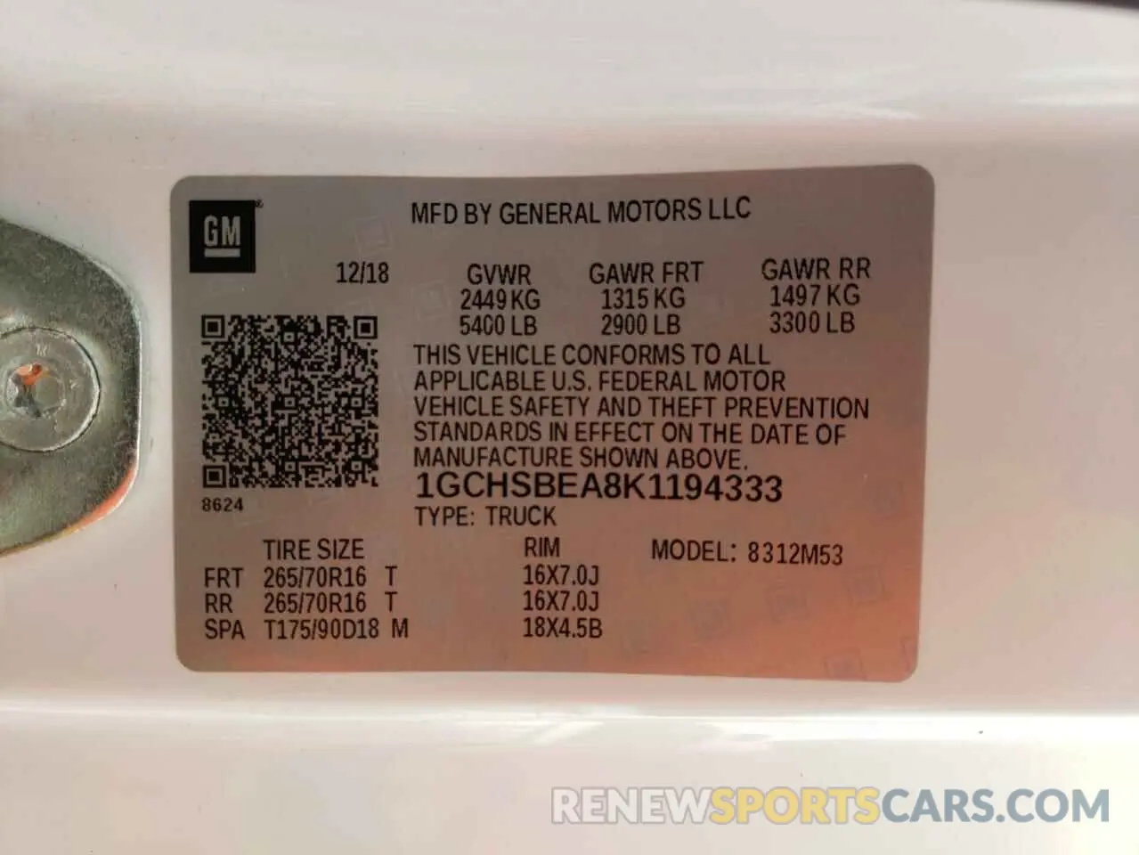 12 Photograph of a damaged car 1GCHSBEA8K1194333 CHEVROLET COLORADO 2019