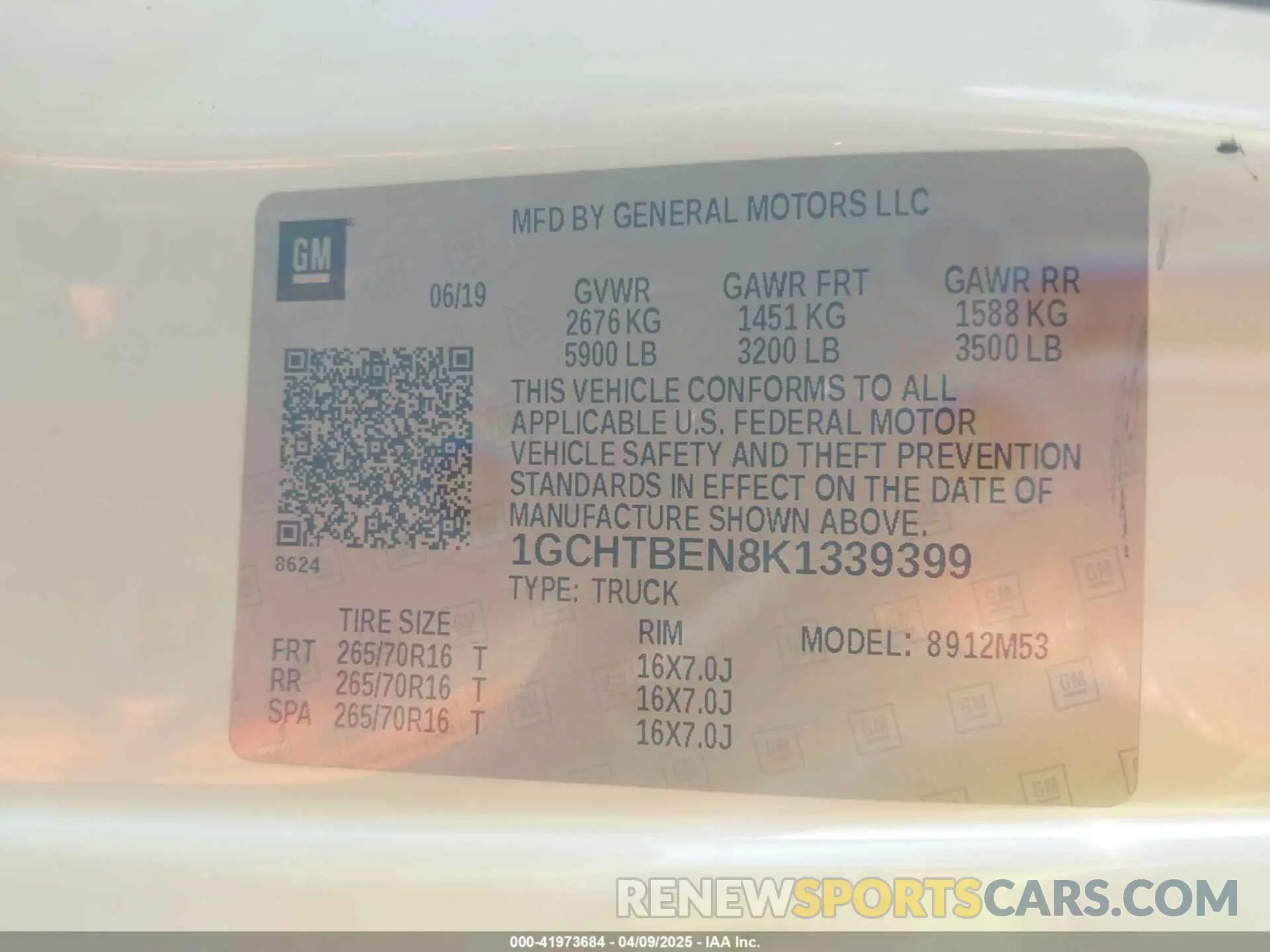 9 Photograph of a damaged car 1GCHTBEN8K1339399 CHEVROLET COLORADO 2019