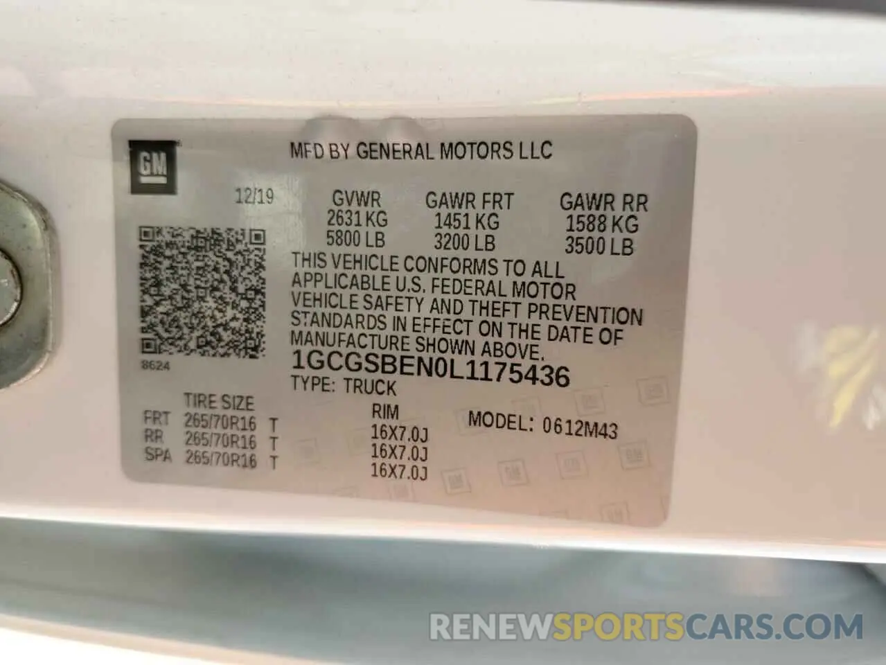 12 Photograph of a damaged car 1GCGSBEN0L1175436 CHEVROLET COLORADO 2020