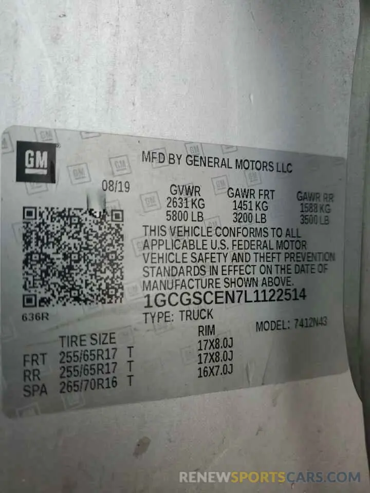 12 Photograph of a damaged car 1GCGSCEN7L1122514 CHEVROLET COLORADO 2020