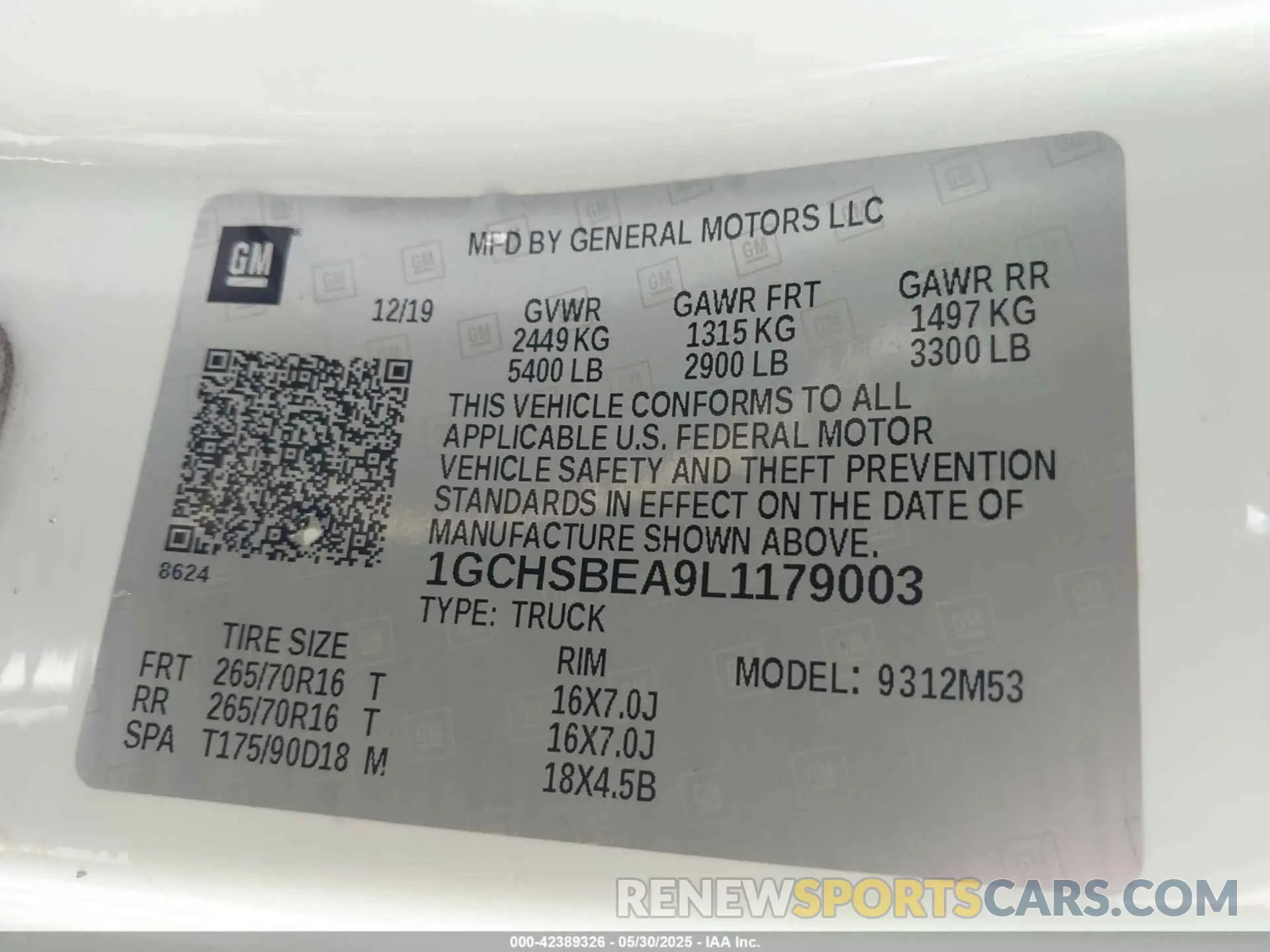 9 Photograph of a damaged car 1GCHSBEA9L1179003 CHEVROLET COLORADO 2020