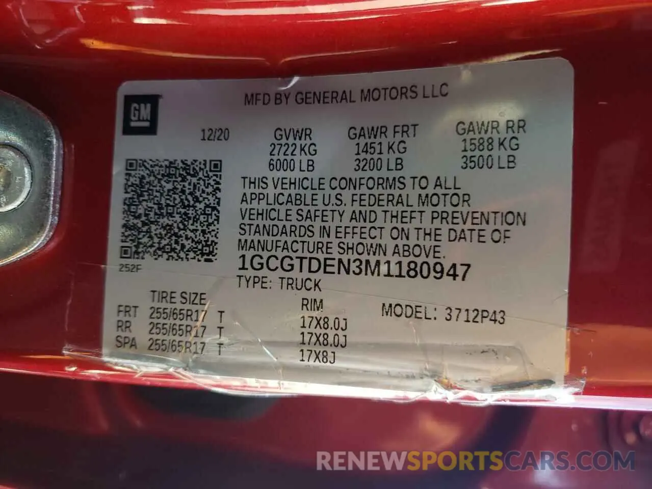 12 Photograph of a damaged car 1GCGTDEN3M1180947 CHEVROLET COLORADO 2021