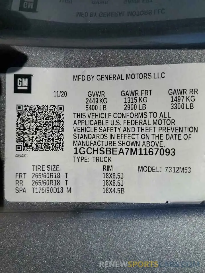 12 Photograph of a damaged car 1GCHSBEA7M1167093 CHEVROLET COLORADO 2021