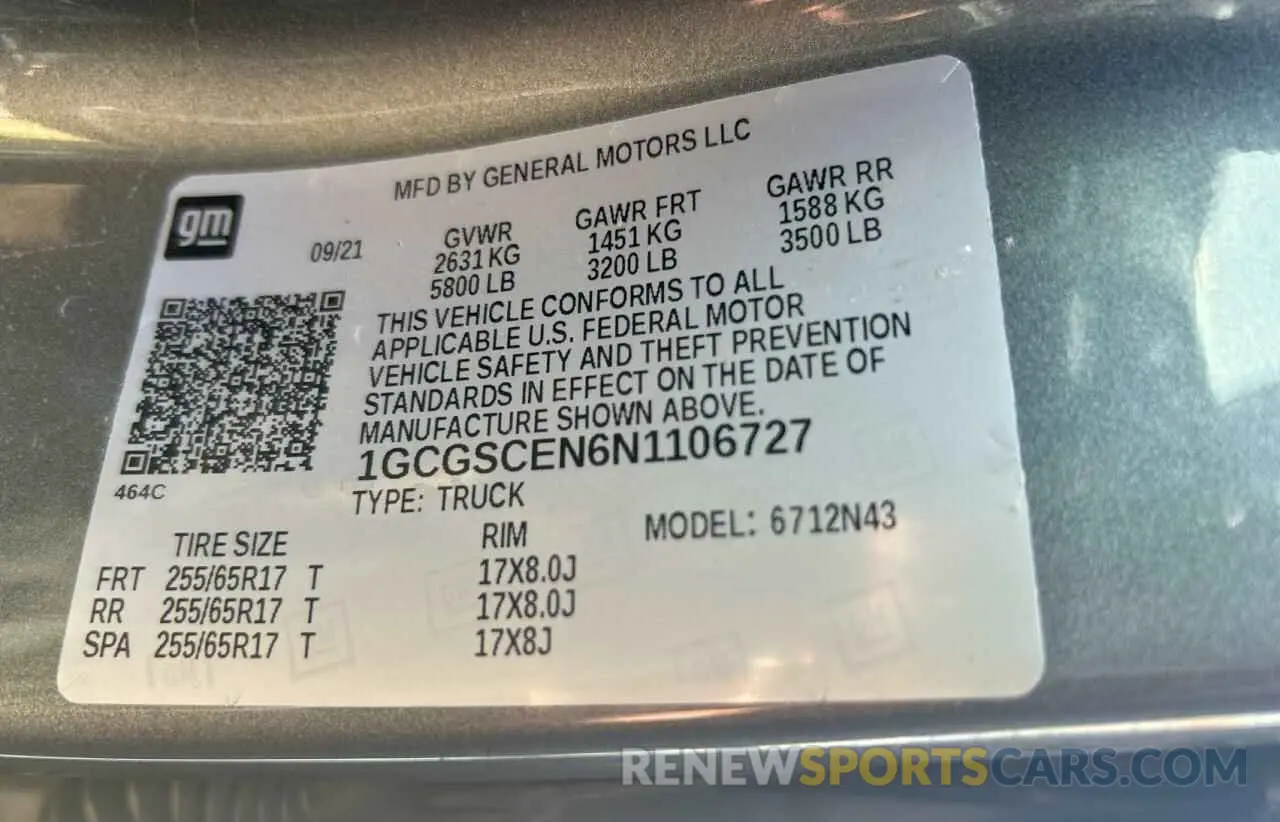 10 Photograph of a damaged car 1GCGSCEN6N1106727 CHEVROLET COLORADO 2022