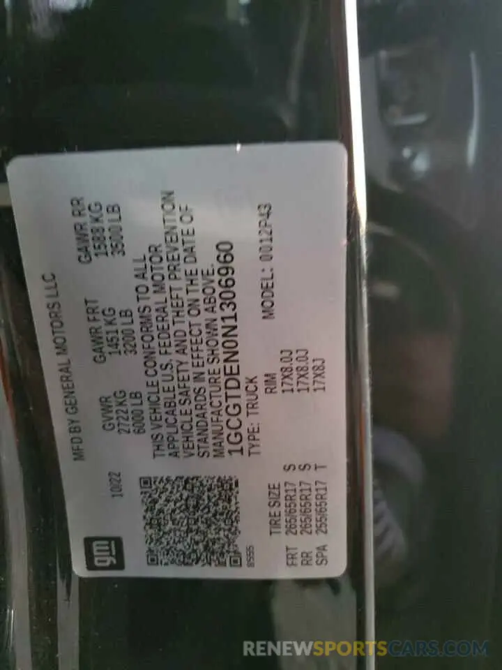 13 Photograph of a damaged car 1GCGTDEN0N1306960 CHEVROLET COLORADO 2022