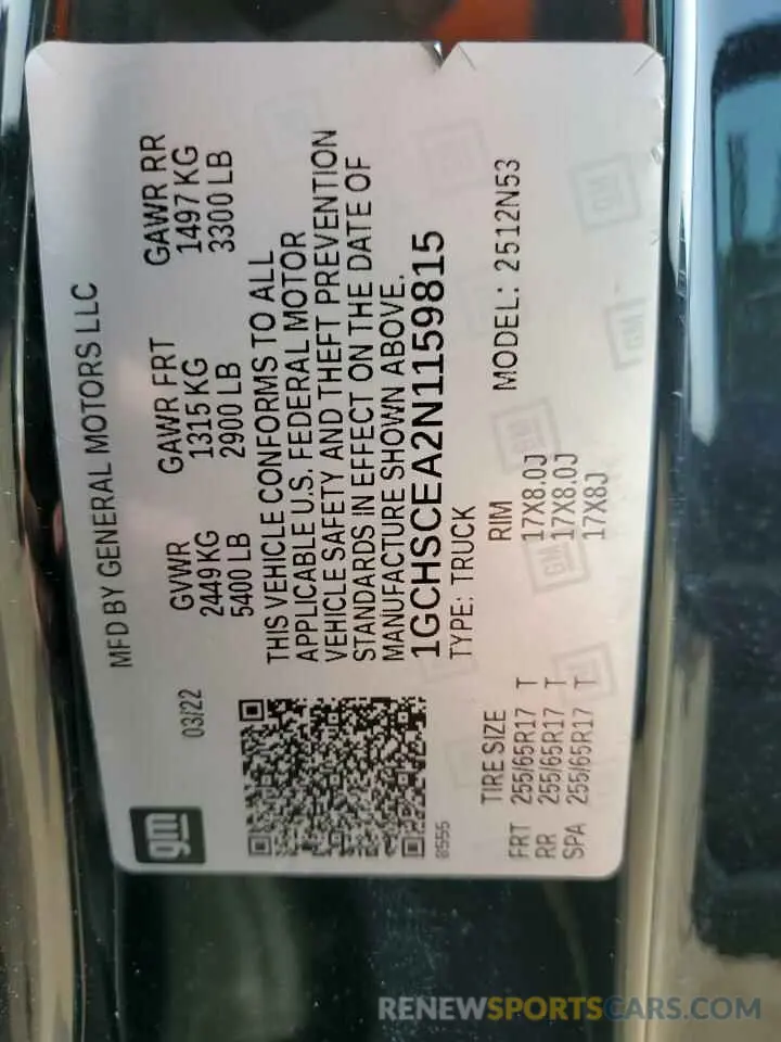 13 Photograph of a damaged car 1GCHSCEA2N1159815 CHEVROLET COLORADO 2022