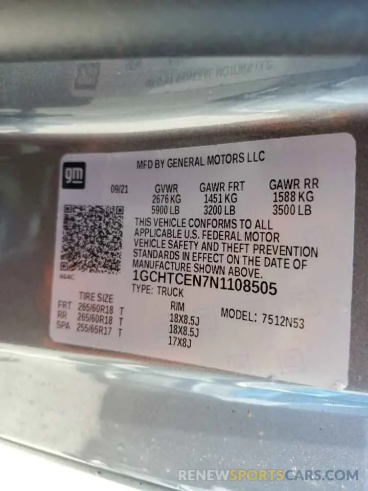 12 Photograph of a damaged car 1GCHTCEN7N1108505 CHEVROLET COLORADO 2022