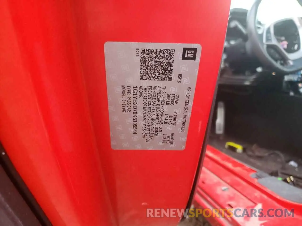 12 Photograph of a damaged car 1G1YB2D76K5105544 CHEVROLET CORVETTE 2019