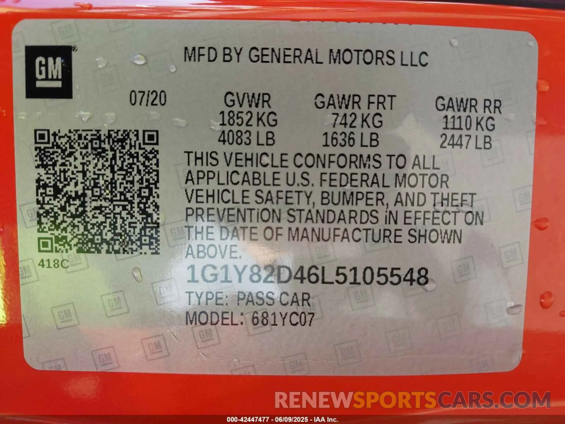 9 Photograph of a damaged car 1G1Y82D46L5105548 CHEVROLET CORVETTE STINGRAY 2020