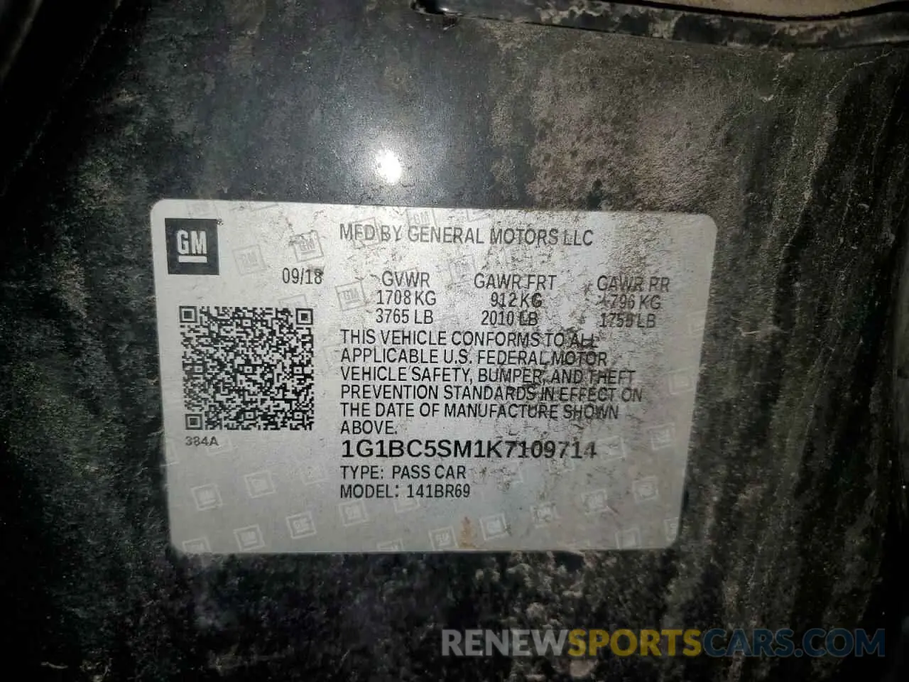 12 Photograph of a damaged car 1G1BC5SM1K7109714 CHEVROLET CRUZE 2019