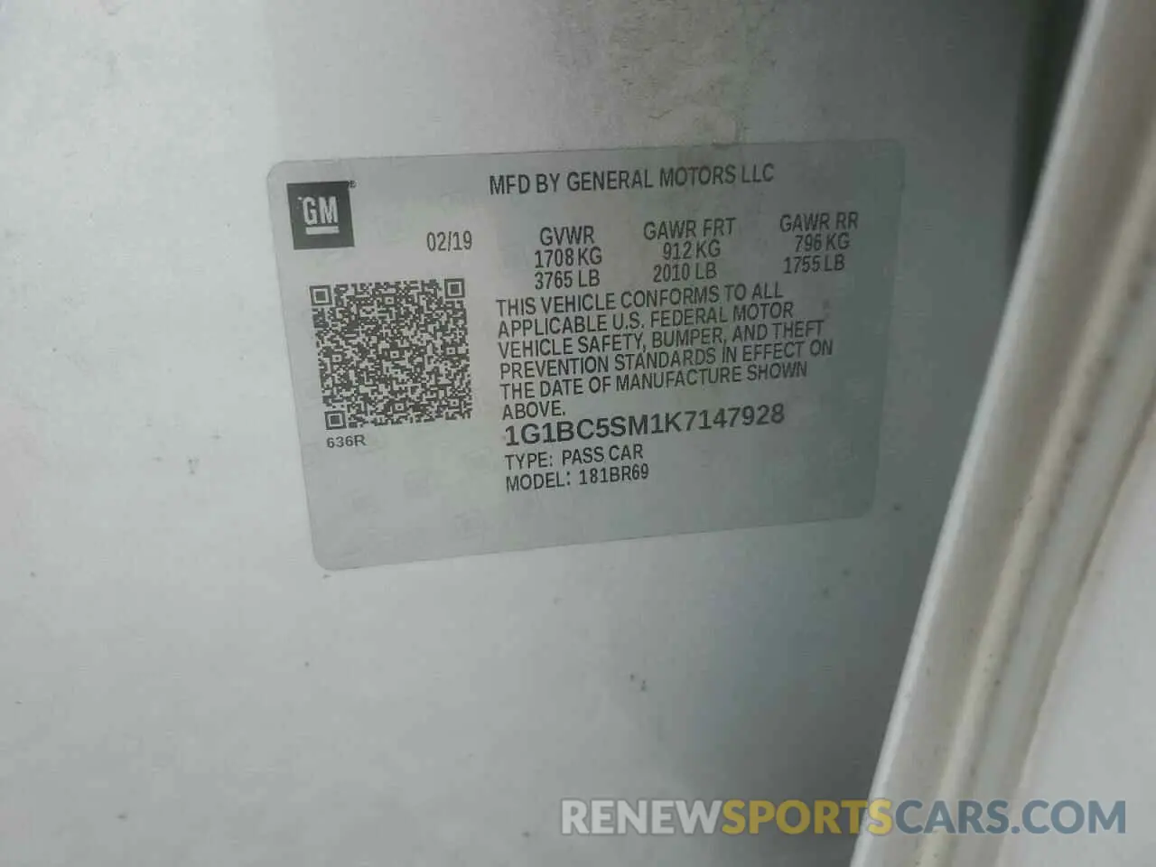 12 Photograph of a damaged car 1G1BC5SM1K7147928 CHEVROLET CRUZE 2019