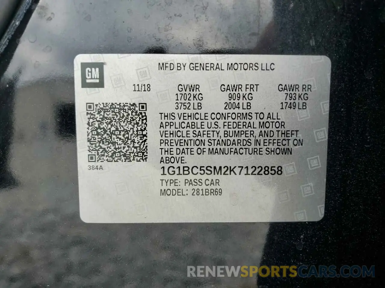 13 Photograph of a damaged car 1G1BC5SM2K7122858 CHEVROLET CRUZE 2019