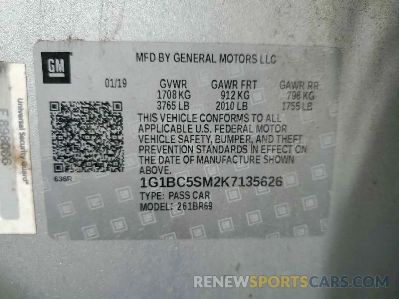 12 Photograph of a damaged car 1G1BC5SM2K7135626 CHEVROLET CRUZE 2019