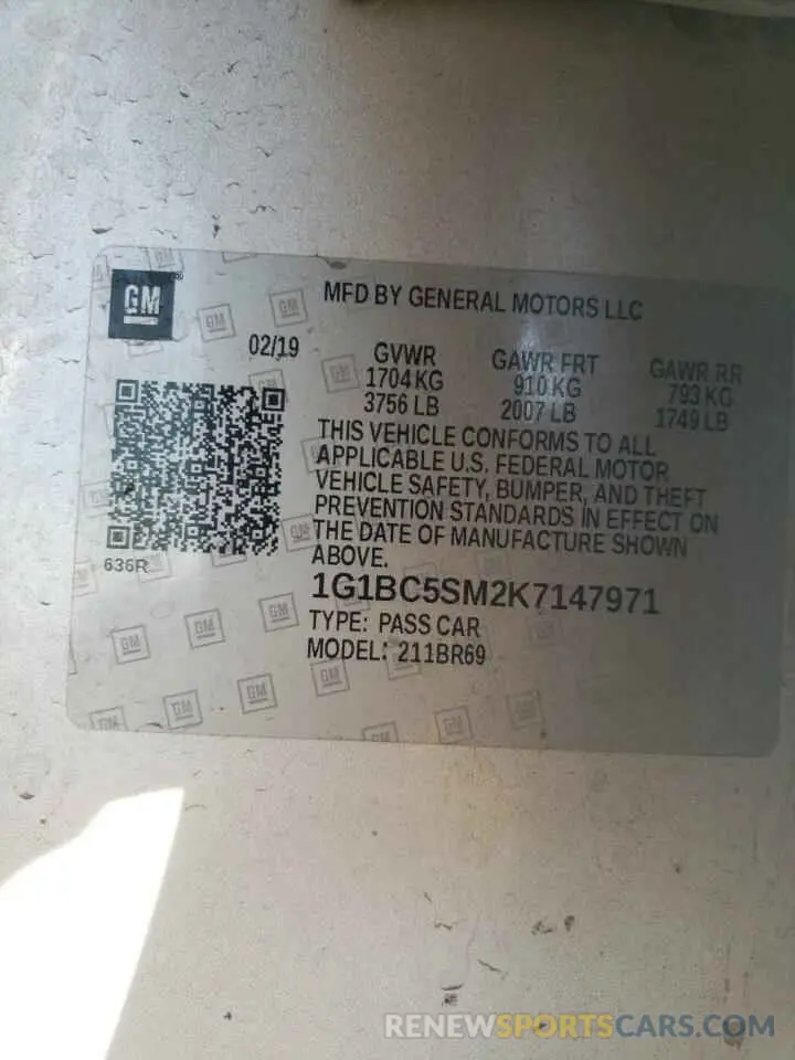 12 Photograph of a damaged car 1G1BC5SM2K7147971 CHEVROLET CRUZE 2019
