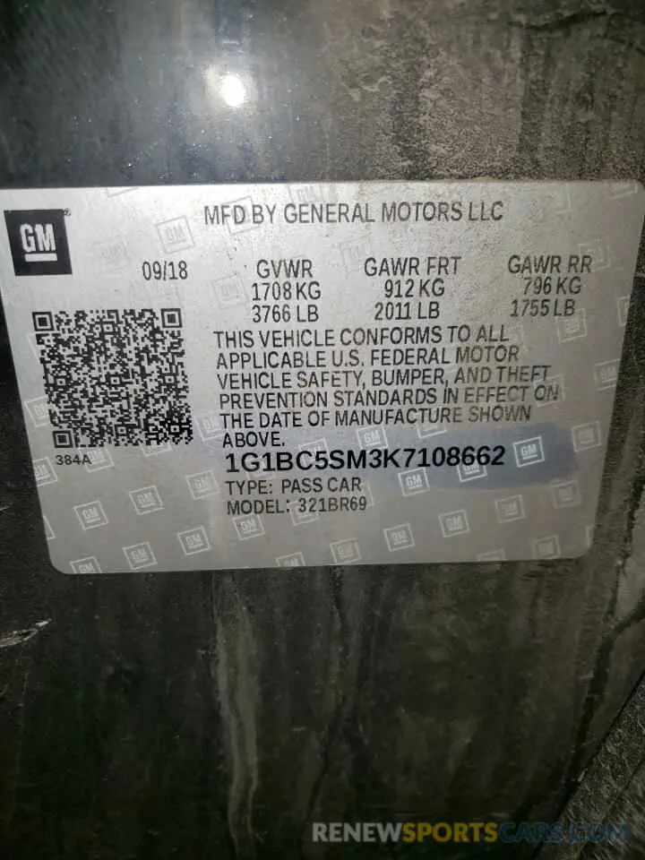 12 Photograph of a damaged car 1G1BC5SM3K7108662 CHEVROLET CRUZE 2019