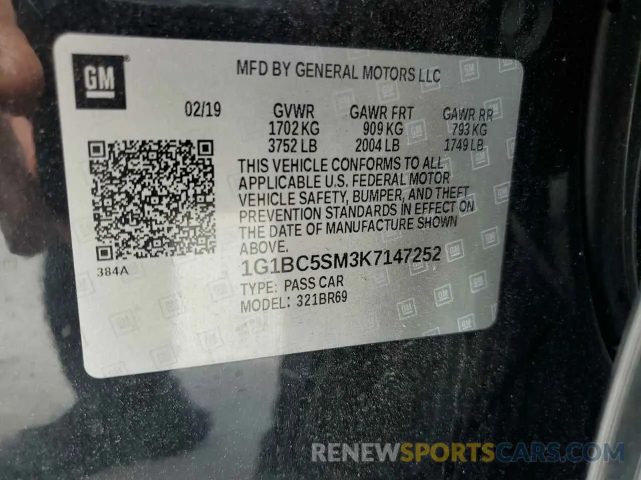 12 Photograph of a damaged car 1G1BC5SM3K7147252 CHEVROLET CRUZE 2019