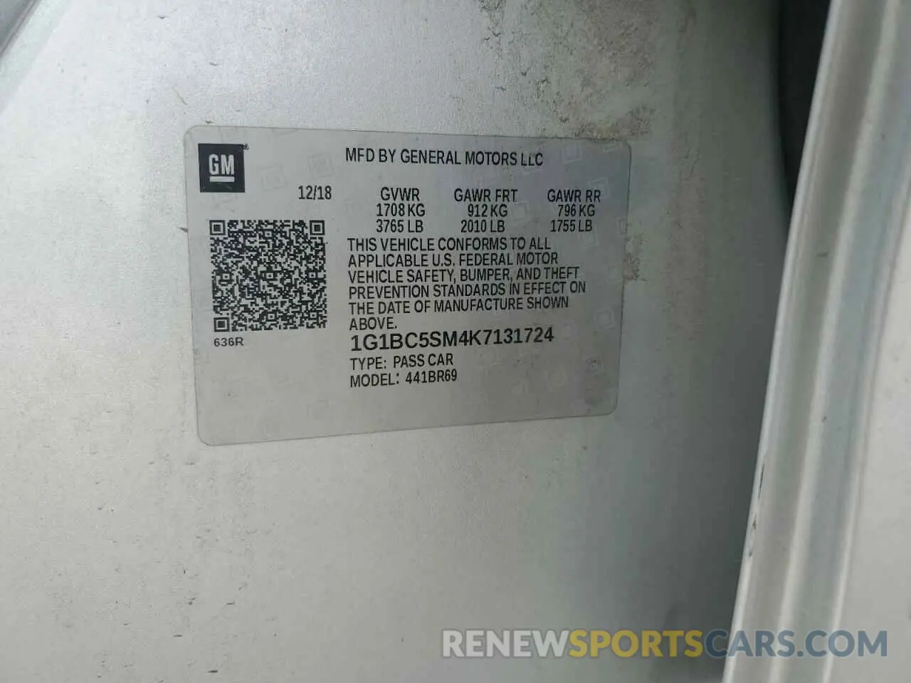 12 Photograph of a damaged car 1G1BC5SM4K7131724 CHEVROLET CRUZE 2019