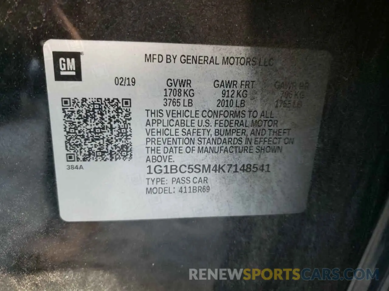 12 Photograph of a damaged car 1G1BC5SM4K7148541 CHEVROLET CRUZE 2019